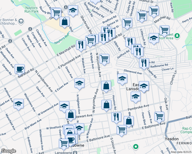 map of restaurants, bars, coffee shops, grocery stores, and more near 217 North Maple Avenue in Lansdowne