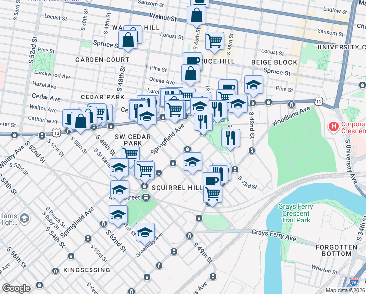 map of restaurants, bars, coffee shops, grocery stores, and more near 4610 Chester Avenue in Philadelphia