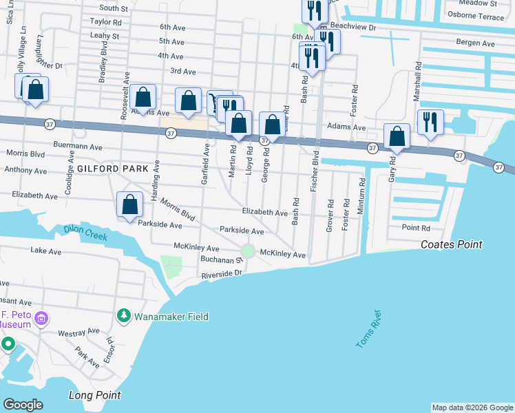 map of restaurants, bars, coffee shops, grocery stores, and more near 206 Swan Boulevard in Toms River