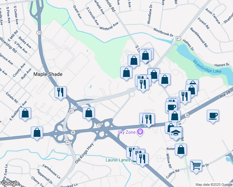 map of restaurants, bars, coffee shops, grocery stores, and more near 115 East Kings Highway in Maple Shade