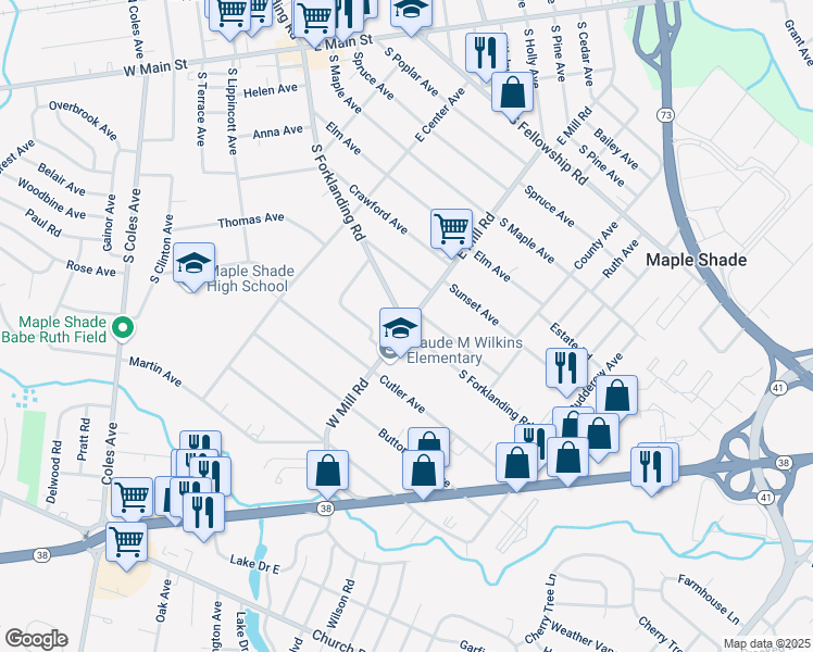 map of restaurants, bars, coffee shops, grocery stores, and more near South Forklanding Road & East Mill Road in Maple Shade Township