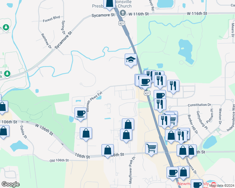 map of restaurants, bars, coffee shops, grocery stores, and more near 11200 Helm Drive in Zionsville