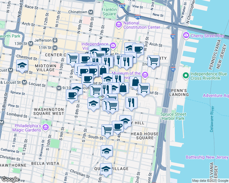 map of restaurants, bars, coffee shops, grocery stores, and more near 35 Saint James Court in Philadelphia