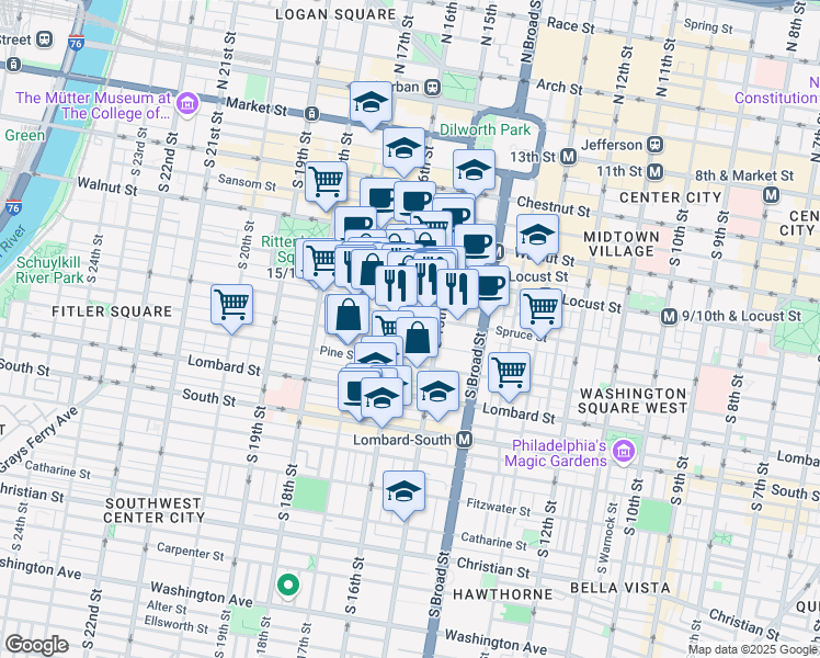 map of restaurants, bars, coffee shops, grocery stores, and more near 325 South 16th Street in Philadelphia