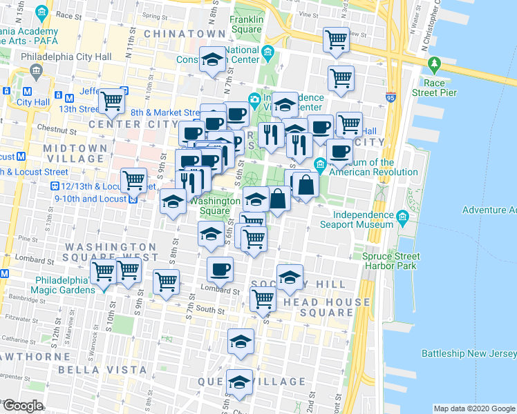map of restaurants, bars, coffee shops, grocery stores, and more near 33 Saint James Court in Philadelphia