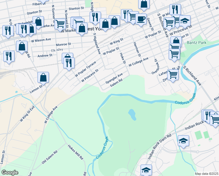 map of restaurants, bars, coffee shops, grocery stores, and more near 1446 Salem Road in York