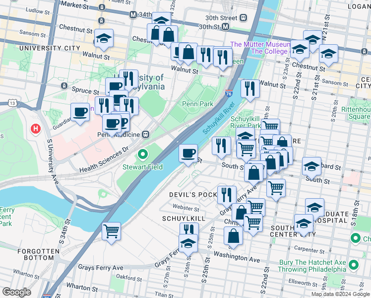 map of restaurants, bars, coffee shops, grocery stores, and more near 2838 South Street Bridge in Philadelphia