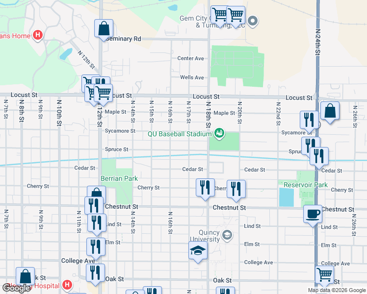 map of restaurants, bars, coffee shops, grocery stores, and more near 1632 Spruce Street in Quincy