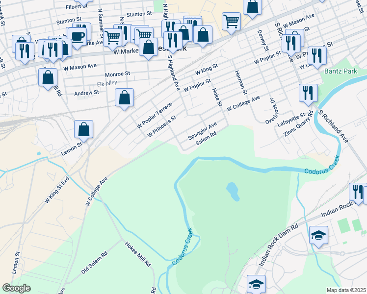 map of restaurants, bars, coffee shops, grocery stores, and more near 1473 Salem Road in York