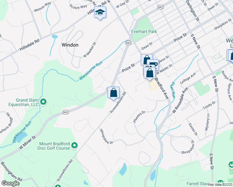 map of restaurants, bars, coffee shops, grocery stores, and more near 800 West Miner Street in West Chester