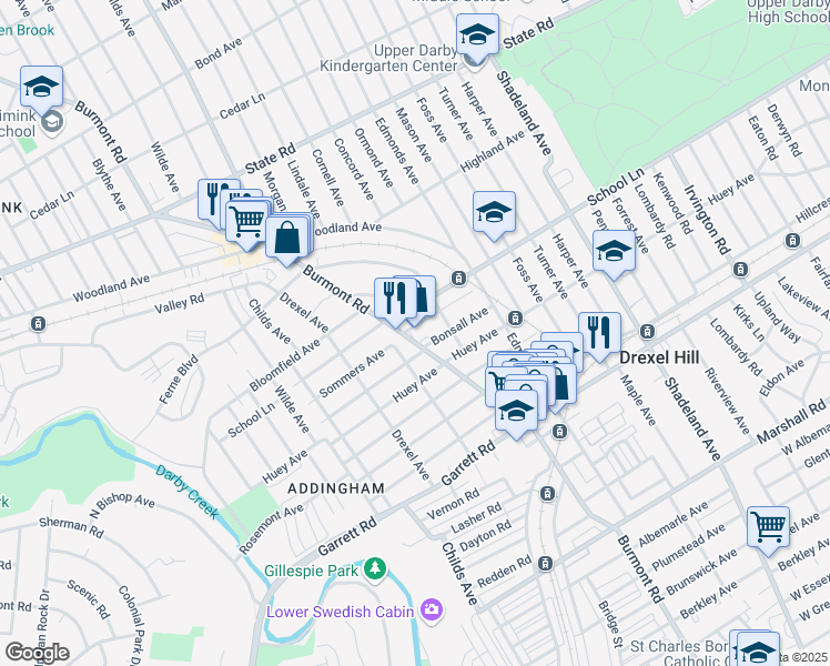 map of restaurants, bars, coffee shops, grocery stores, and more near 525 Burmont Road in Upper Darby