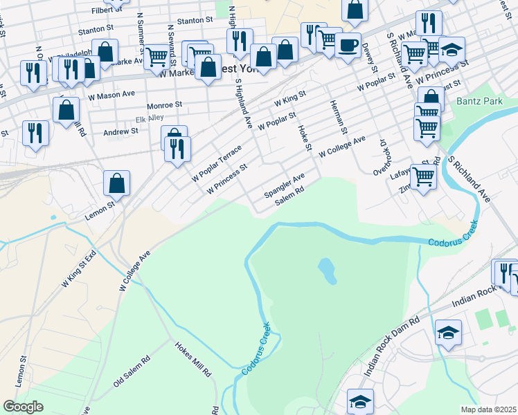 map of restaurants, bars, coffee shops, grocery stores, and more near 1473 Salem Road in York