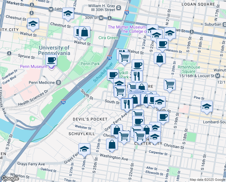map of restaurants, bars, coffee shops, grocery stores, and more near 2531 Lombard Street in Philadelphia