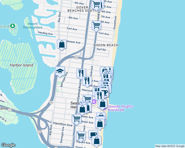 map of restaurants, bars, coffee shops, grocery stores, and more near 1301 Ocean Boulevard in Seaside Heights