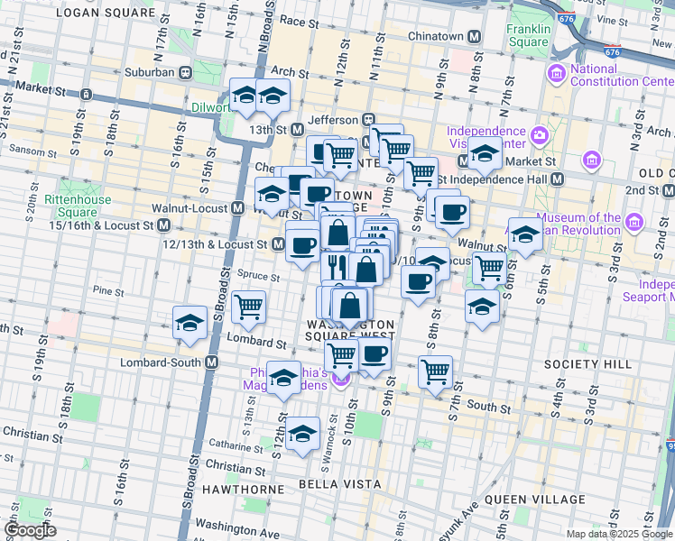 map of restaurants, bars, coffee shops, grocery stores, and more near 256 South 11th Street in Philadelphia