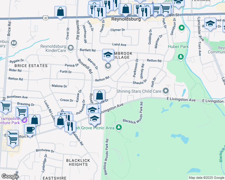 map of restaurants, bars, coffee shops, grocery stores, and more near 6808 Gilette Drive in Reynoldsburg