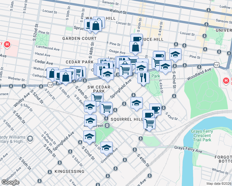 map of restaurants, bars, coffee shops, grocery stores, and more near Springfield Ave & S 47th St in Philadelphia