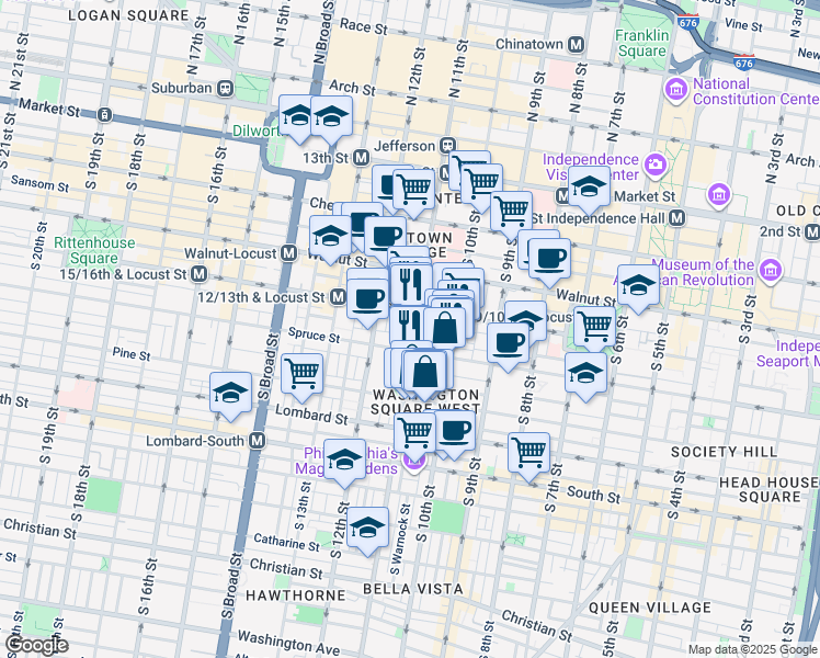 map of restaurants, bars, coffee shops, grocery stores, and more near 1029 Spruce Street in Philadelphia