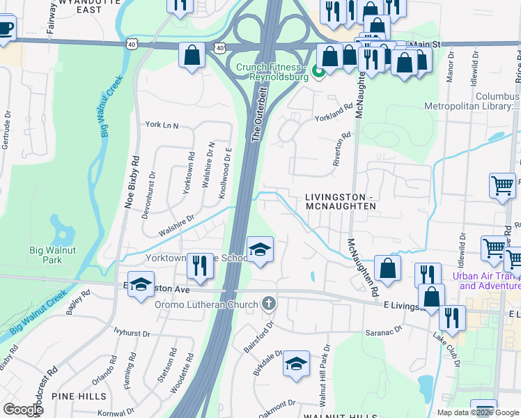 map of restaurants, bars, coffee shops, grocery stores, and more near 1561 Jennifer Court in Columbus