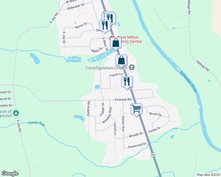 map of restaurants, bars, coffee shops, grocery stores, and more near 98 Bevonne Court in West Milton