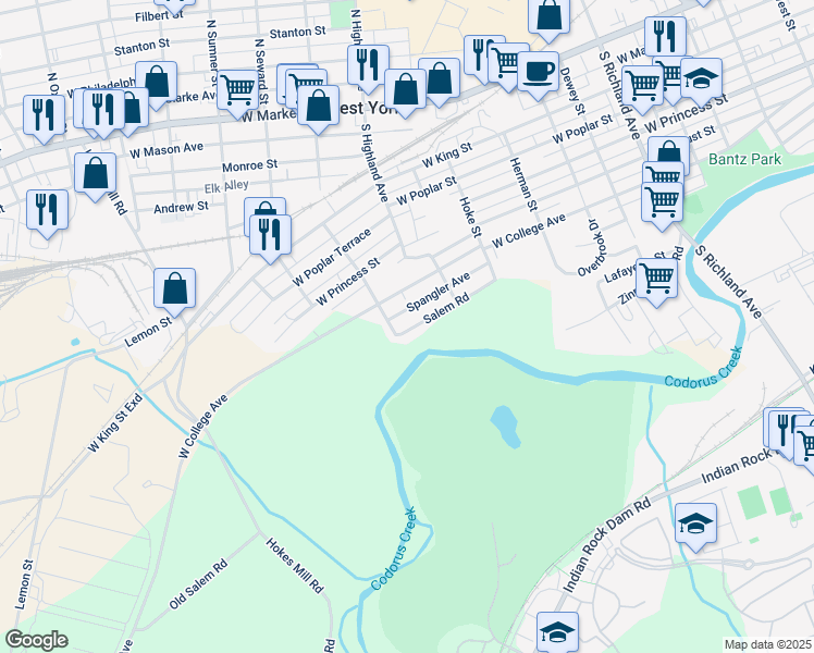 map of restaurants, bars, coffee shops, grocery stores, and more near 1461 Salem Road in York