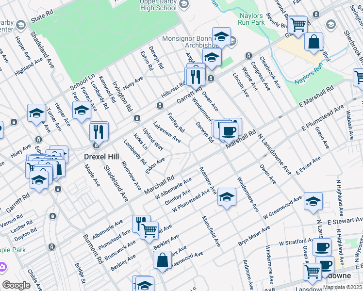 map of restaurants, bars, coffee shops, grocery stores, and more near 330 Lakeview Avenue in Drexel Hill