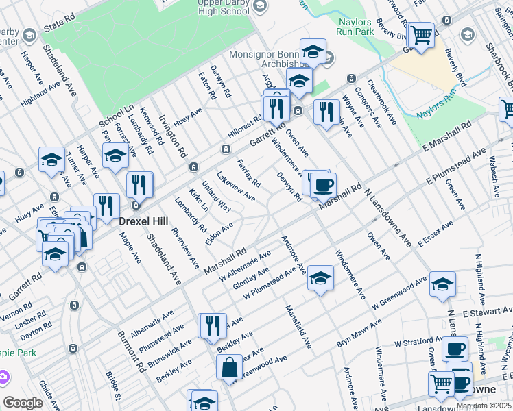 map of restaurants, bars, coffee shops, grocery stores, and more near 330 Lakeview Avenue in Drexel Hill