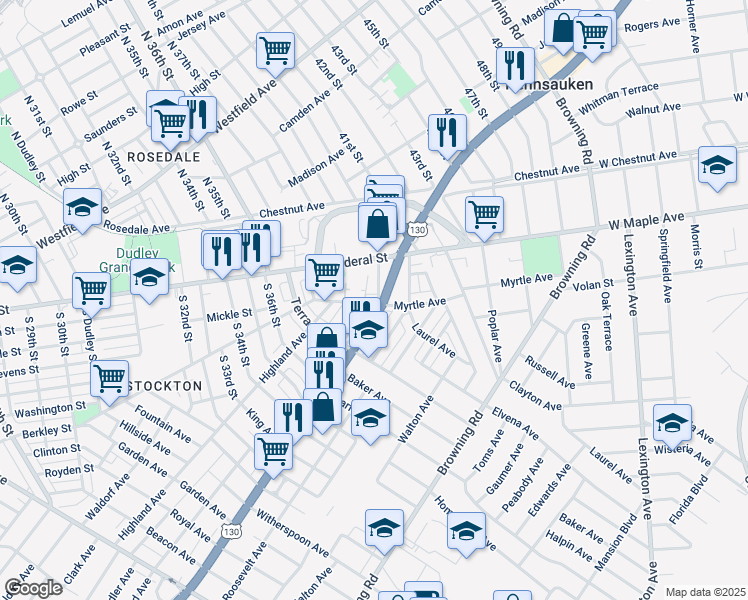 map of restaurants, bars, coffee shops, grocery stores, and more near 4602 South Crescent Boulevard in Pennsauken Township