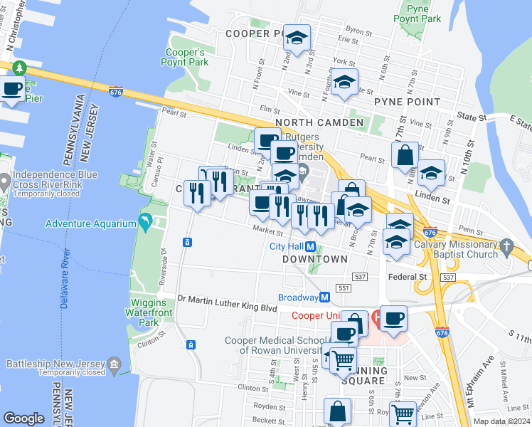 map of restaurants, bars, coffee shops, grocery stores, and more near 213 Market Street in Camden
