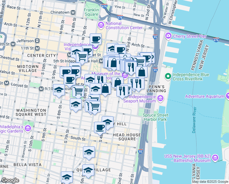 map of restaurants, bars, coffee shops, grocery stores, and more near 2 Willings Alley in Philadelphia