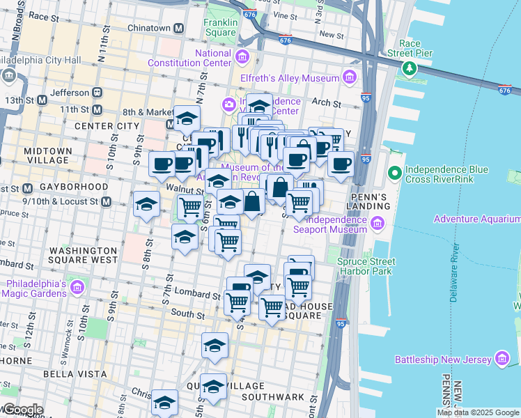 map of restaurants, bars, coffee shops, grocery stores, and more near 2 South Leithgow Street in Philadelphia