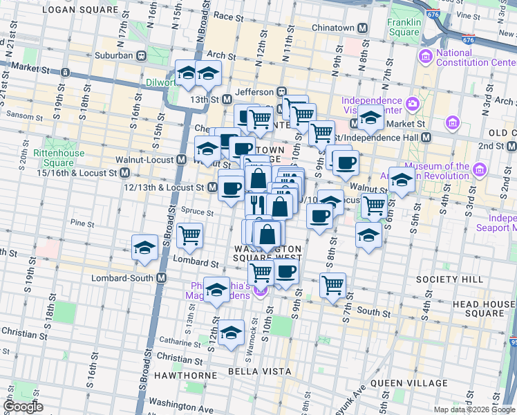 map of restaurants, bars, coffee shops, grocery stores, and more near 1029 Spruce Street in Philadelphia