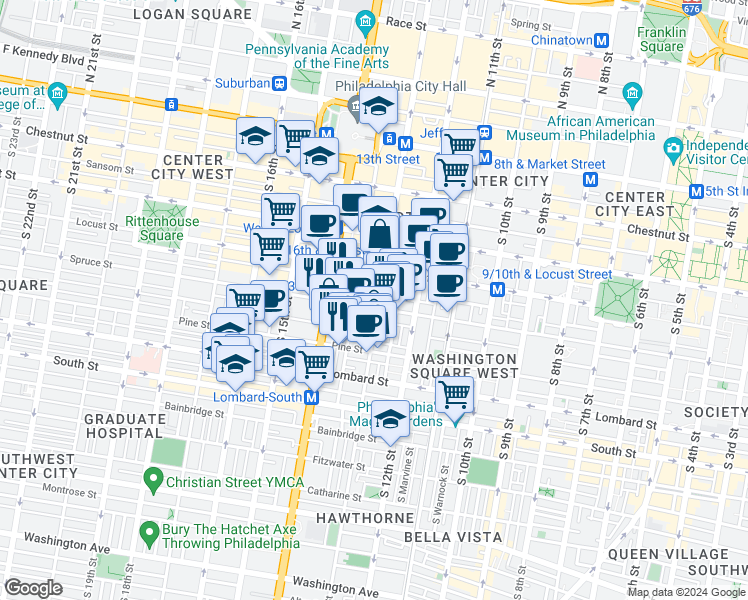 map of restaurants, bars, coffee shops, grocery stores, and more near 1321 Cypress Street in Philadelphia