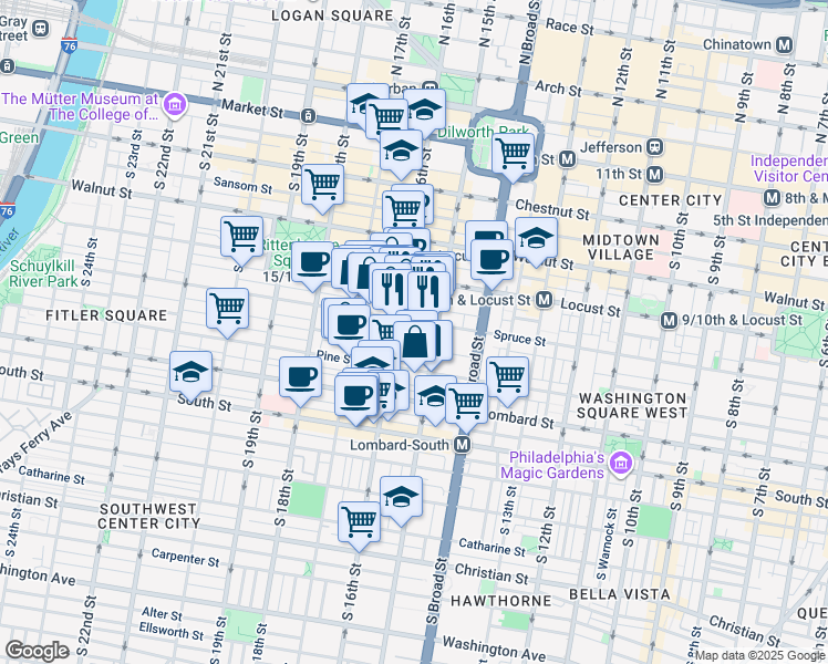 map of restaurants, bars, coffee shops, grocery stores, and more near 325 South 16th Street in Philadelphia