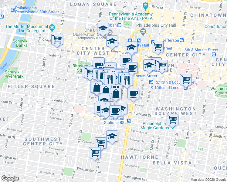 map of restaurants, bars, coffee shops, grocery stores, and more near 325 South 16th Street in Philadelphia