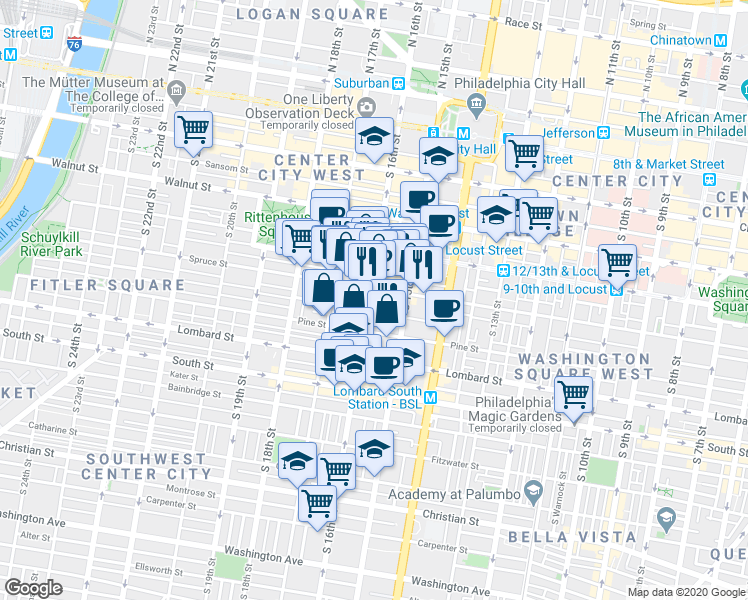 map of restaurants, bars, coffee shops, grocery stores, and more near 325 South 16th Street in Philadelphia