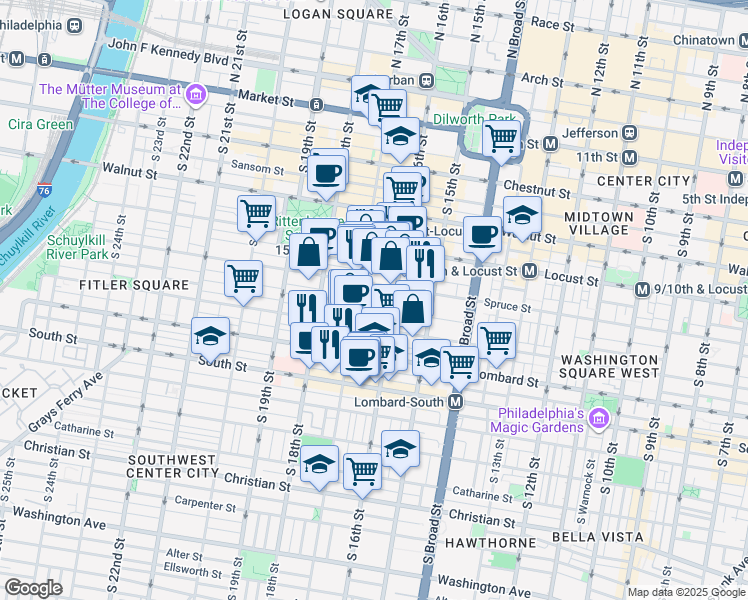 map of restaurants, bars, coffee shops, grocery stores, and more near 341 South 17th Street in Philadelphia