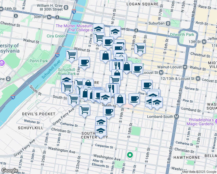 map of restaurants, bars, coffee shops, grocery stores, and more near in Philadelphia
