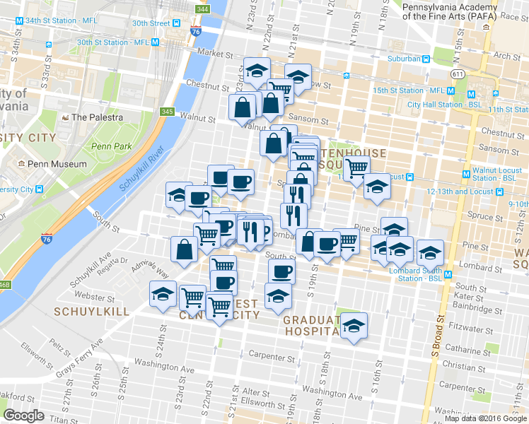 map of restaurants, bars, coffee shops, grocery stores, and more near 414 South 21st Street in Philadelphia