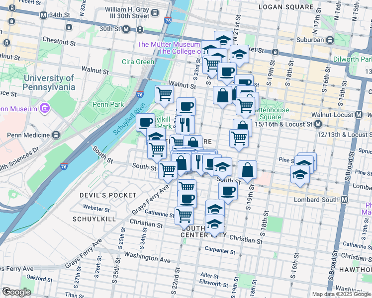 map of restaurants, bars, coffee shops, grocery stores, and more near in Philadelphia