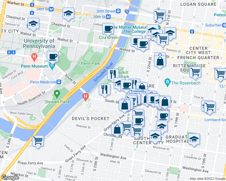 map of restaurants, bars, coffee shops, grocery stores, and more near in Philadelphia