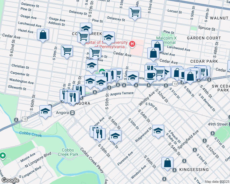 map of restaurants, bars, coffee shops, grocery stores, and more near 5422 Angora Terrace in Philadelphia