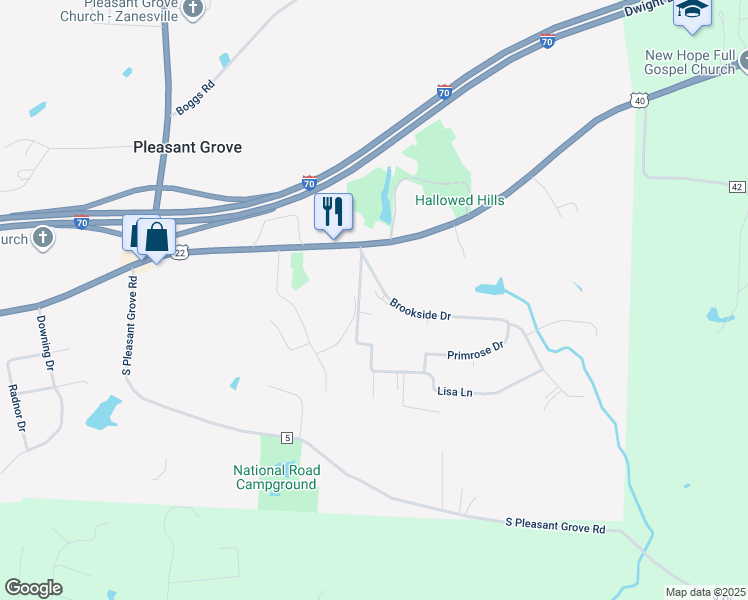 map of restaurants, bars, coffee shops, grocery stores, and more near 155 Mockingbird Hill in Zanesville