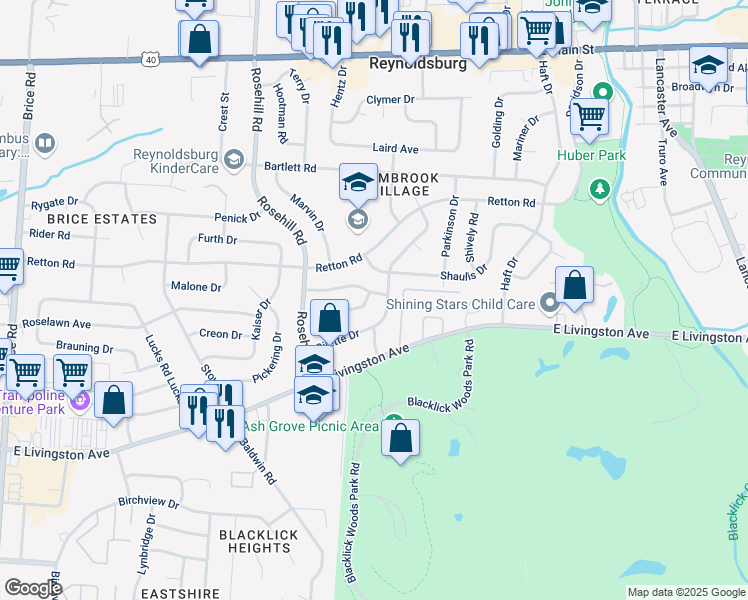 map of restaurants, bars, coffee shops, grocery stores, and more near 6808 Gilette Drive in Reynoldsburg