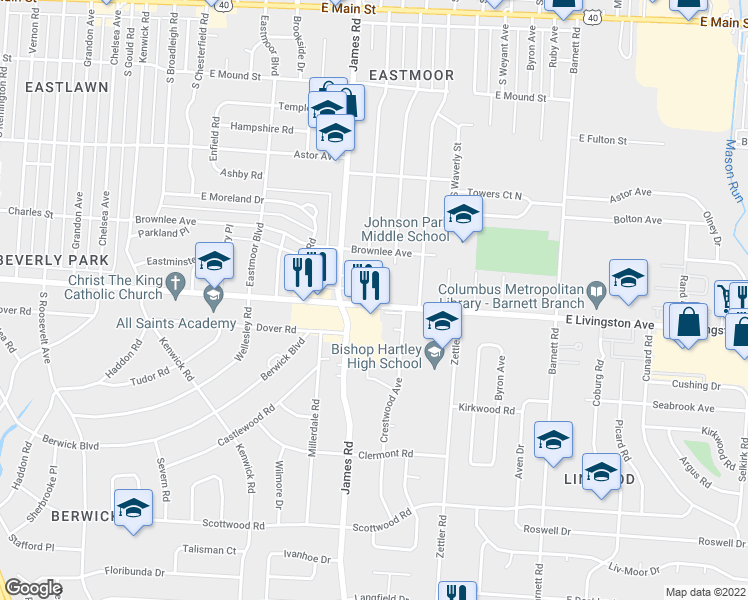 map of restaurants, bars, coffee shops, grocery stores, and more near 1210 South James Road in Columbus
