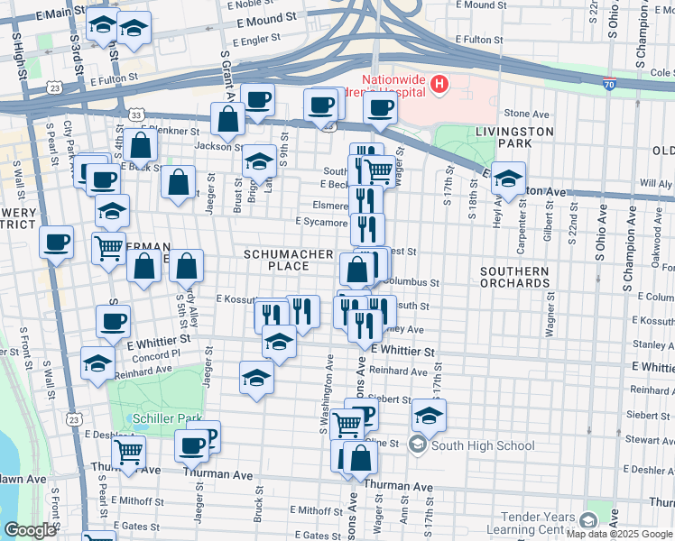 map of restaurants, bars, coffee shops, grocery stores, and more near 483 East Columbus Street in Columbus