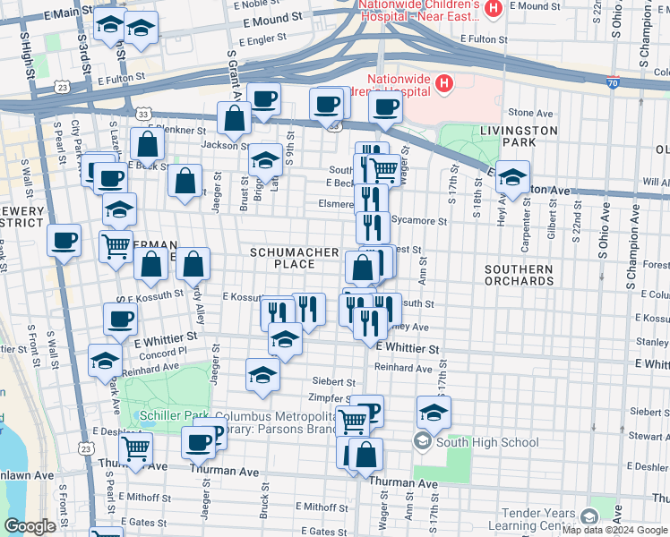 map of restaurants, bars, coffee shops, grocery stores, and more near 483 East Columbus Street in Columbus