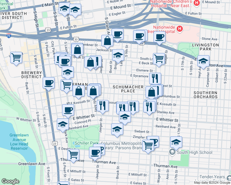 map of restaurants, bars, coffee shops, grocery stores, and more near 819 Bruck Street in Columbus
