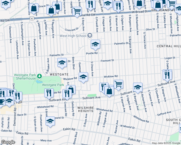 map of restaurants, bars, coffee shops, grocery stores, and more near 397 South Chase Avenue in Columbus