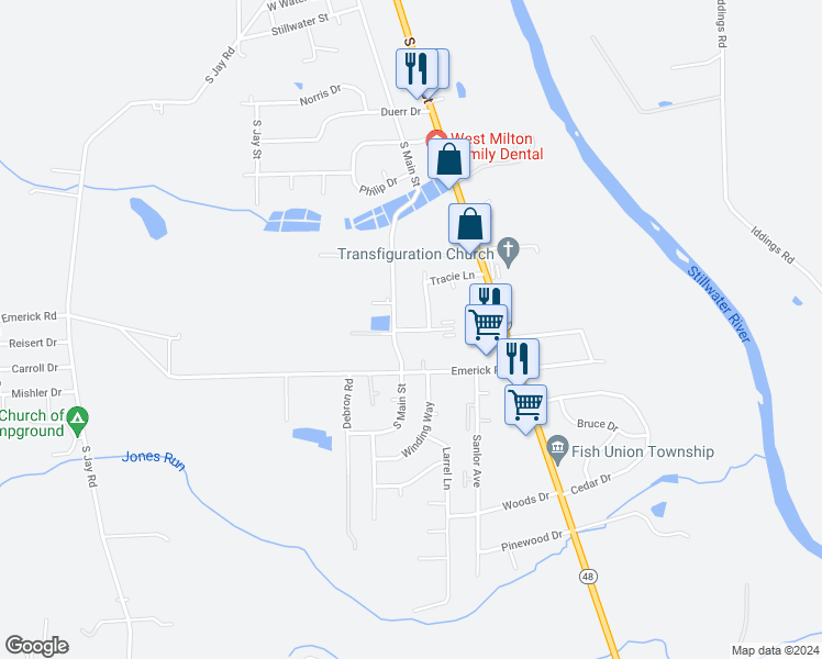 map of restaurants, bars, coffee shops, grocery stores, and more near 167 Bevonne Court in West Milton